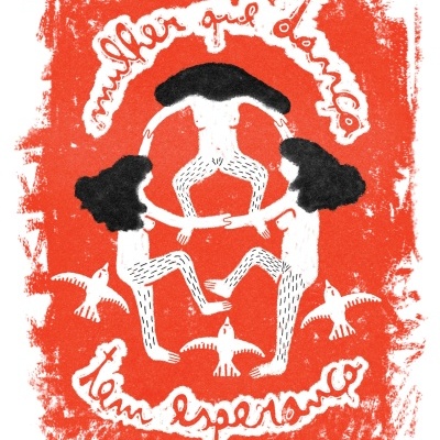 Ilustração de três mulheres dançando com pássaros e texto em português