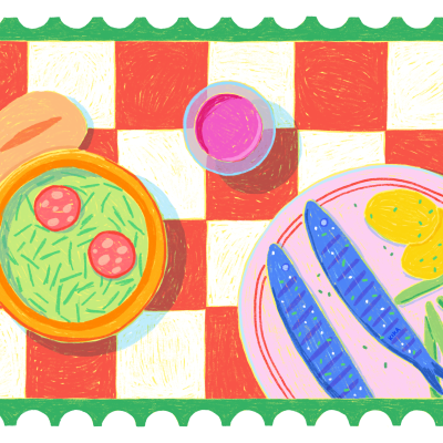 Ilustração de carimbo postal com comida numa mesa quadriculada.