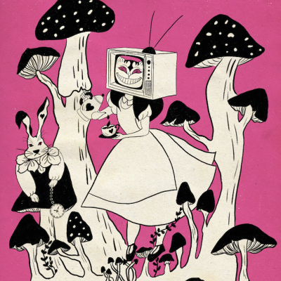 Ilustração de cogumelos pretos e brancos, figura com corpo feminino e cabeça de televisão e coelho vestido