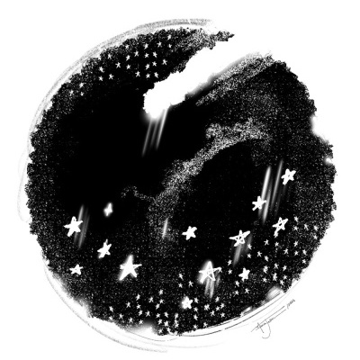 Imagem digital abstrata circular com estrelas brancas sobre fundo negro