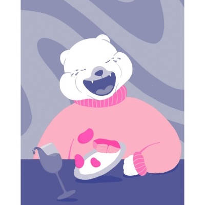 Ilustração de urso branco a rir com suéter rosa, prato de sushi e taça em mesa azul