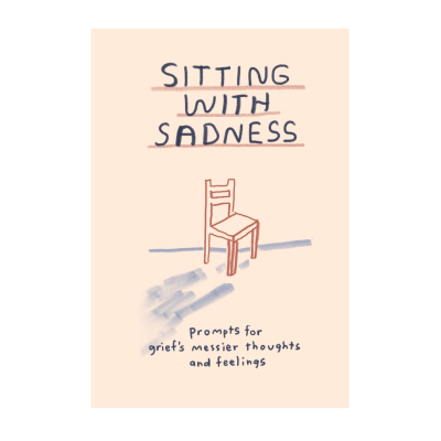 Ilustração com texto SITTING WITH SADNESS e cadeira desenhada a traço com sombra
