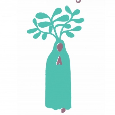 Ilustração com texto N. Sra. da Agrela e figura verde abstrata com folhas