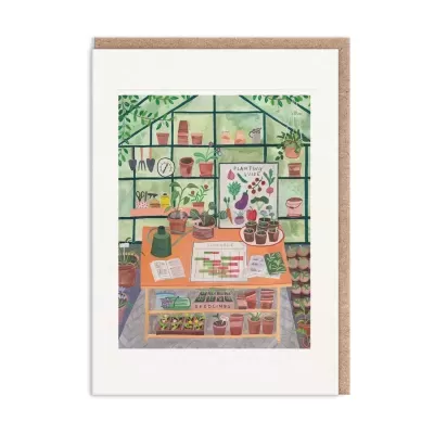 Ilustração colorida de estufa com plantas, vasos e objetos de jardinagem.