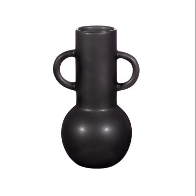 Vaso decorativo de cerâmica preto mate com duas alças e formato distinto