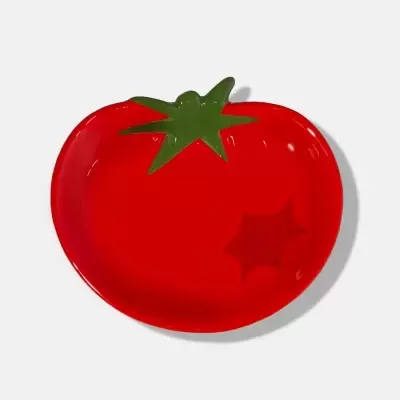 Prato decorativo em forma de tomate vermelho com topo verde