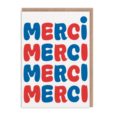 Cartão com design de palavra MERCI em azul e vermelho