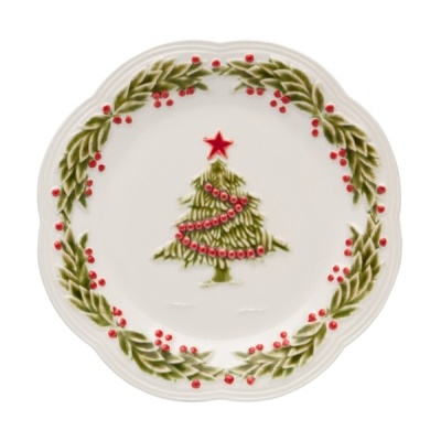 Prato decorativo de cerâmica com motivo de árvore de Natal e folhas verdes com frutos vermelhos