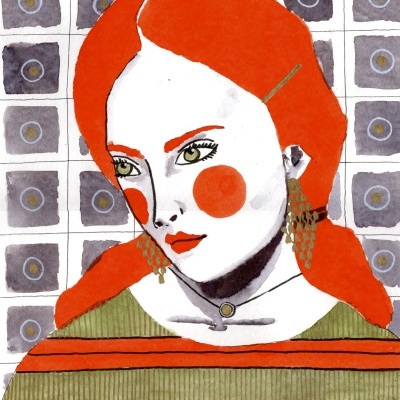 Ilustração de mulher com cabelo laranja e camisola às riscas verdes e laranjas