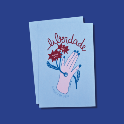 Cartão azul com ilustração de mão e texto liberdade