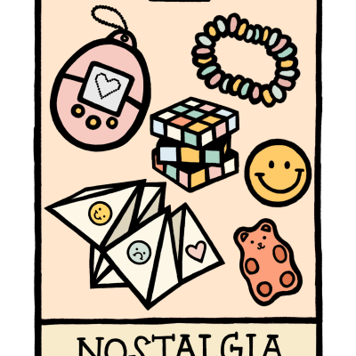 Desenho de brinquedos nostálgicos coloridos sobre fundo bege com texto NOSTALGIA