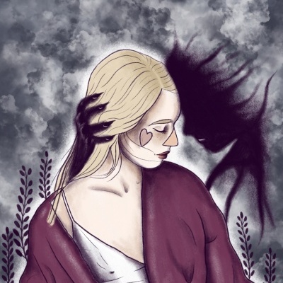 Ilustração de mulher loira com casaco roxo e sombra negra ao fundo