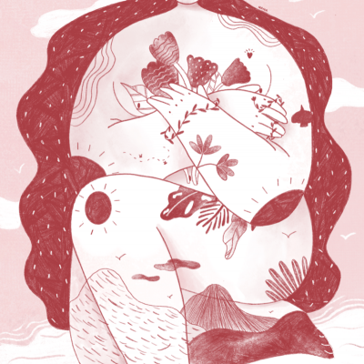 Ilustração artística de mulher abstrata com flores, cabelo longo, sol e nuvens