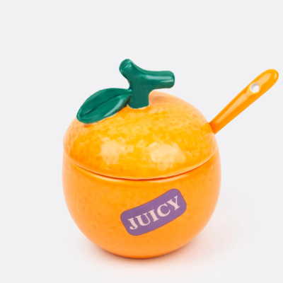 Recipiente em cerâmica em forma de laranja com colher e autocolante JUICY