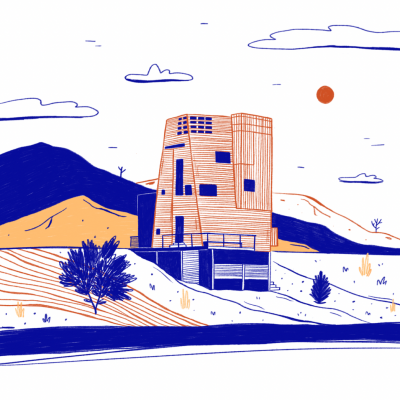 Desenho artístico de edifício moderno laranja e azul numa paisagem natural com colinas e árvores