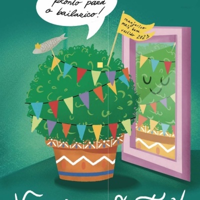 Vaso de planta decorado e refletido num espelho com texto em português