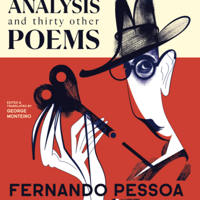 Capa do livro Self-Analysis and thirty other Poems de Fernando Pessoa com ilustração de figura com chapéu e óculos a segurar objeto