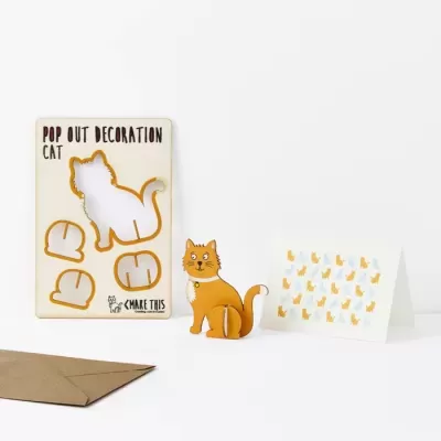 Kit de decoração pop out para montar um gato laranja de papel com cartão de ilustrações de gatos e envelope castanho