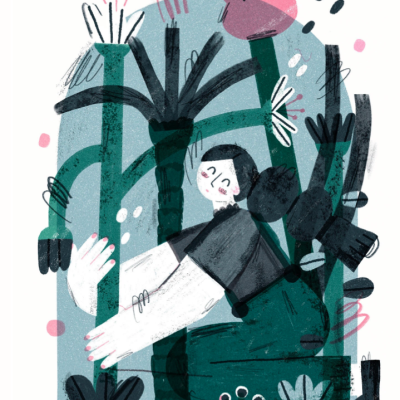 Ilustração de pessoa com plantas grandes e flores rosa.