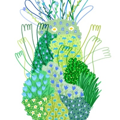 Ilustração abstrata de figura humana feita de flores e folhas coloridas