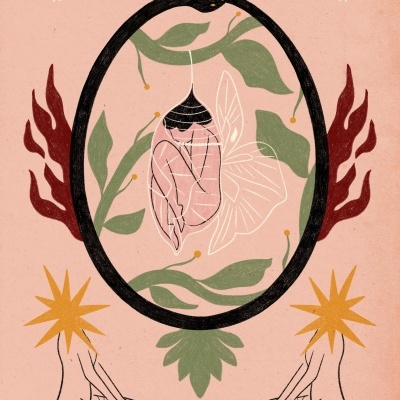 Ilustração estilizada com moldura oval preta, folhas verdes, figura feminina suspensa, asas de fada, caudas de sereia e estrelas douradas.