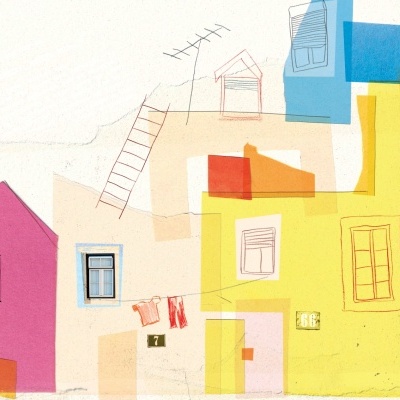 Desenho abstrato de casas coloridas e detalhes arquitetónicos