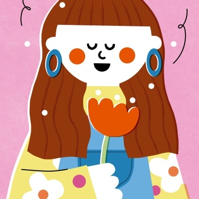 Ilustração de mulher com cabelo castanho e flor vermelha