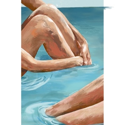 Ilustração digital de braços e pernas dentro de água azul clara