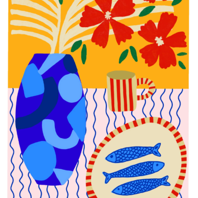 Ilustração colorida com vaso azul, flores vermelhas, caneca listrada e prato com peixes azuis