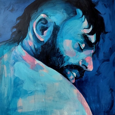 Pintura de homem de perfil em tons de azul e rosa com barba