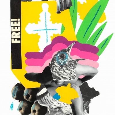 Colagem gráfica colorida com texto FREE! e elementos abstratos.