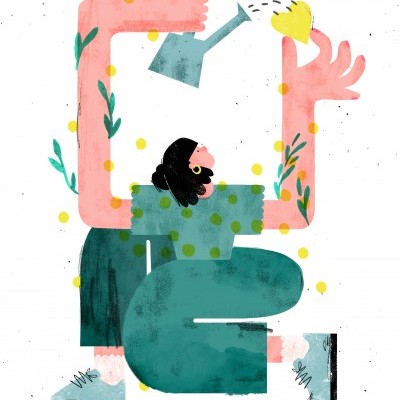 Ilustração de pessoa a regar coração amarelo com regador azul em fundo branco