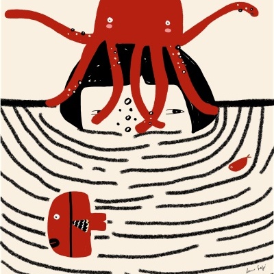 Ilustração de polvo vermelho sobre cabeça humana com linhas negras e peixes vermelhos