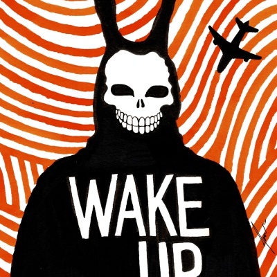 Figura com máscara de coelho e caveira, texto wake up donnie, fundo laranja com padrão e avião preto