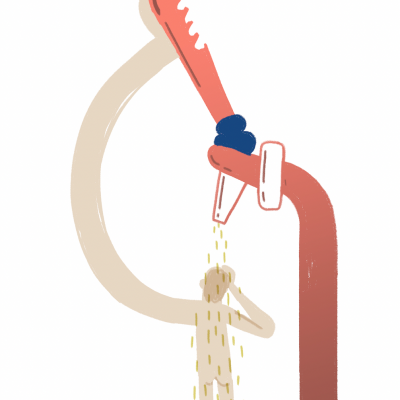 Ilustração de torneira vermelha a cair água sobre figura humana abstrata
