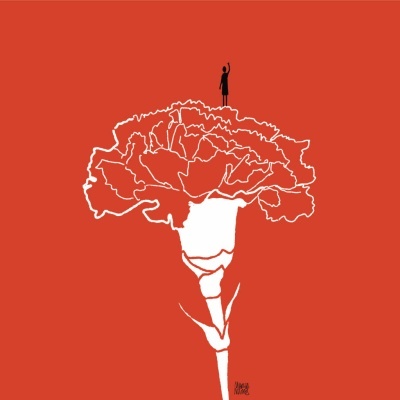 Desenho de flor branca com figura humana preta no topo em fundo vermelho.