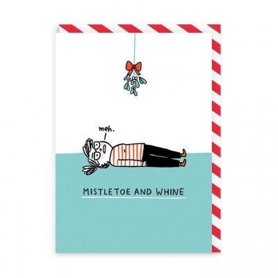 Cartão ilustrado com pessoa deitada sob visco e texto humorístico