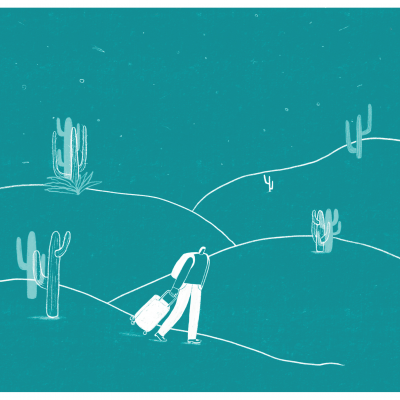Ilustração minimalista com figura humana e mala num cenário com colinas e cactos