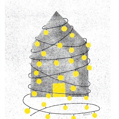 Desenho minimalista de uma casa cinzenta com luzes amarelas