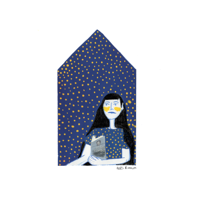 Ilustração de mulher segurando livro azul com fundo em forma de casa