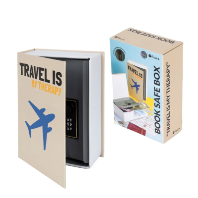 Cofre em forma de livro com capa bege e avião azul ao lado da respetiva embalagem.