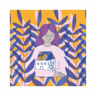 Ilustração de rapariga segurando casa branca com folhas roxas