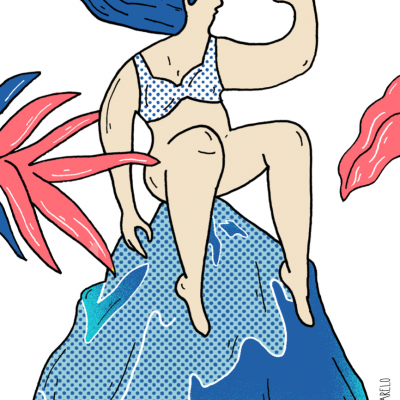 Ilustração de mulher com cabelo azul segurando uma casa rosa sentada numa formação azul com folhas vermelhas.