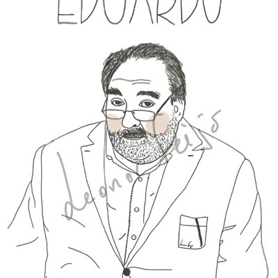 Desenho a traço de homem de blazer branco com óculos e barba, nome 'EDUARDO' acima