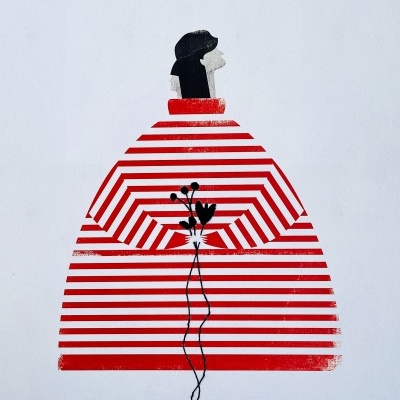 Ilustração de mulher de costas com vestido às riscas vermelho e branco e flores pretas