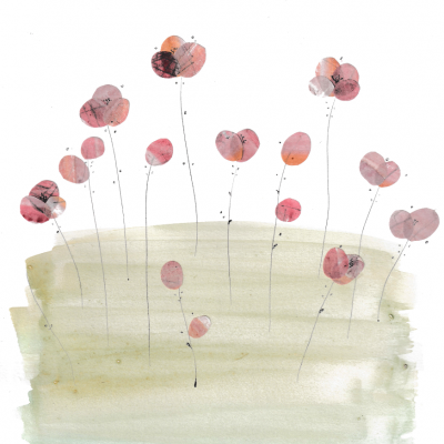 Ilustração artística de flores rosas com hastes pretas em fundo verde e bege