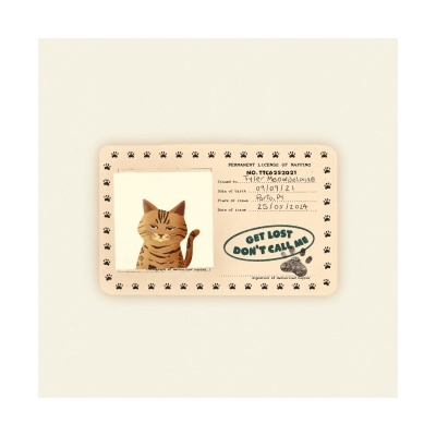 Cartão de licença permanente para gato com texto e foto do gato.
