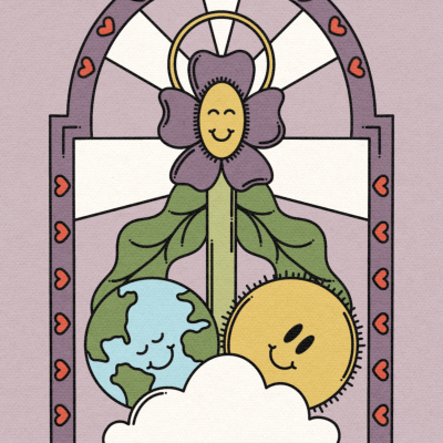 Ilustração colorida de flor, planeta Terra, sol sorridente e nuvem dentro de moldura em arco com corações