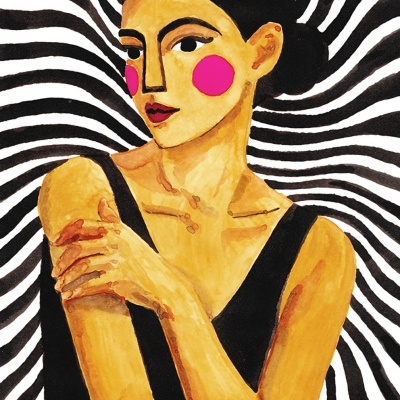 Desenho artístico de mulher com top preto e fundo de listras pretas e brancas