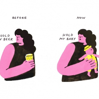 Ilustração da mulher a segurar um copo e depois a segurar um bebé.